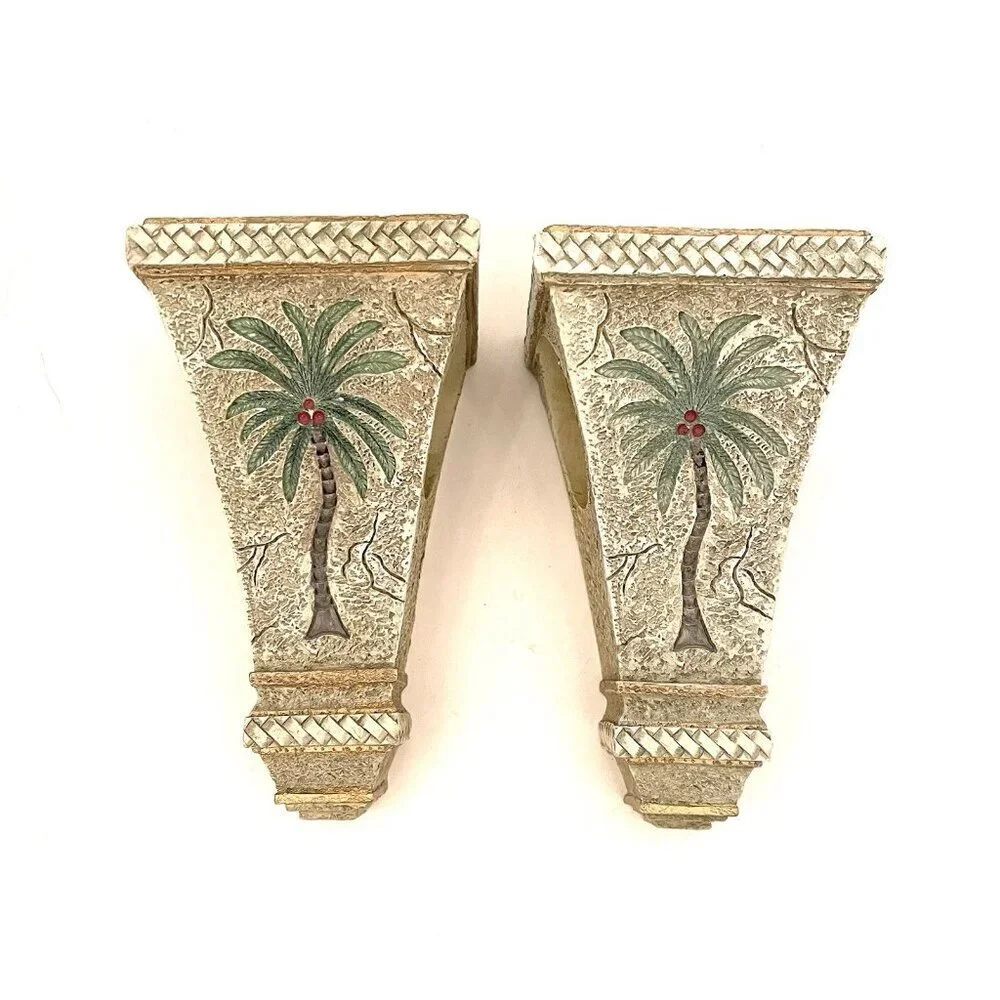 Palm Tree Curtain Rod Corbels set Resin 7x4x3.5” Tropical Decor